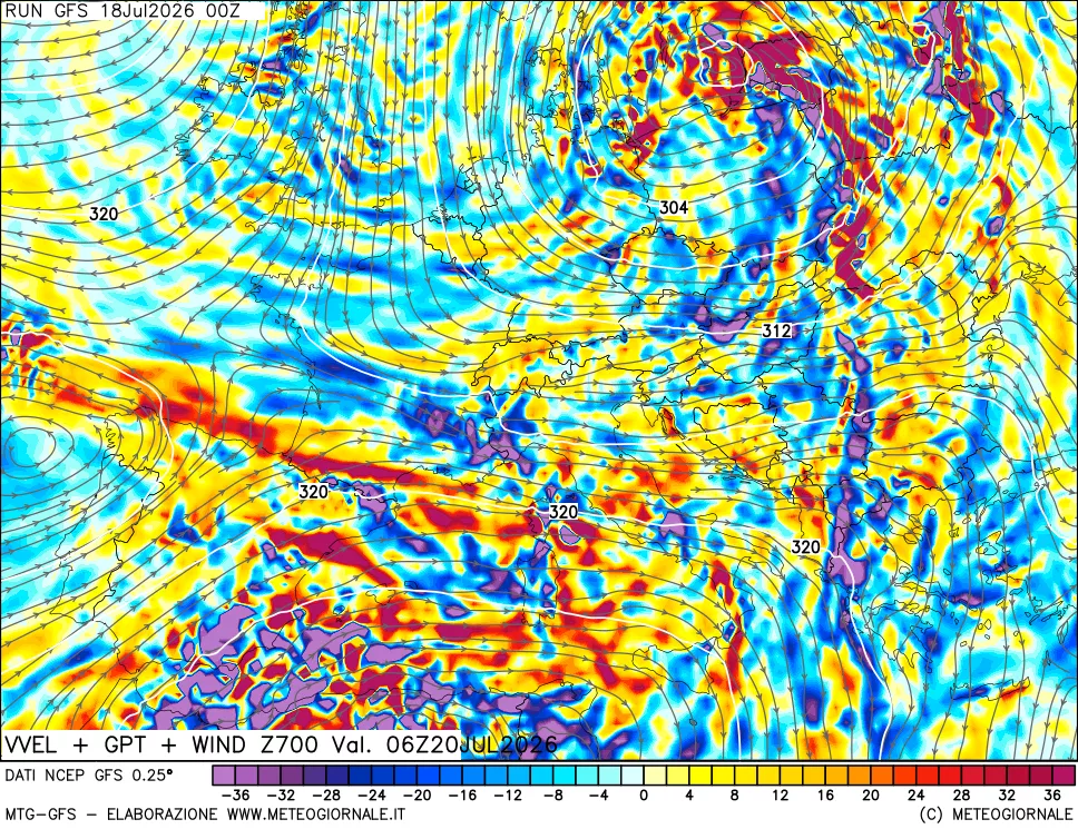 mappa 700 hPa Velocità verticiali + GPT + Vento