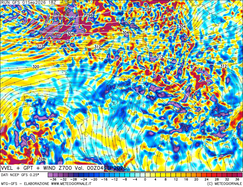 mappa 700 hPa Velocità verticiali + GPT + Vento