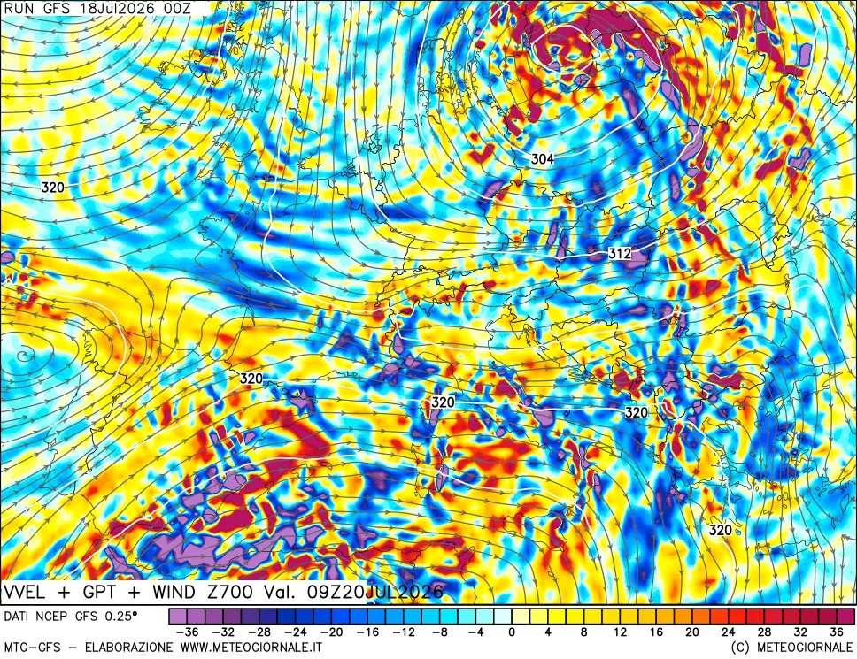 mappa 700 hPa Velocità verticiali + GPT + Vento