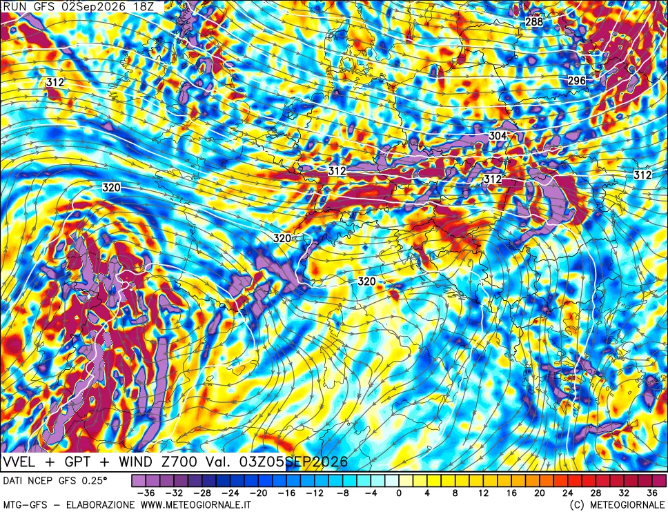mappa 700 hPa Velocità verticiali + GPT + Vento