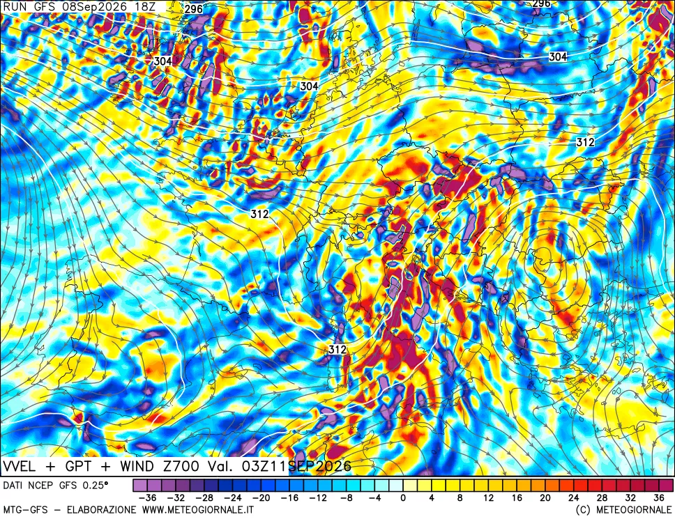 mappa 700 hPa Velocità verticiali + GPT + Vento