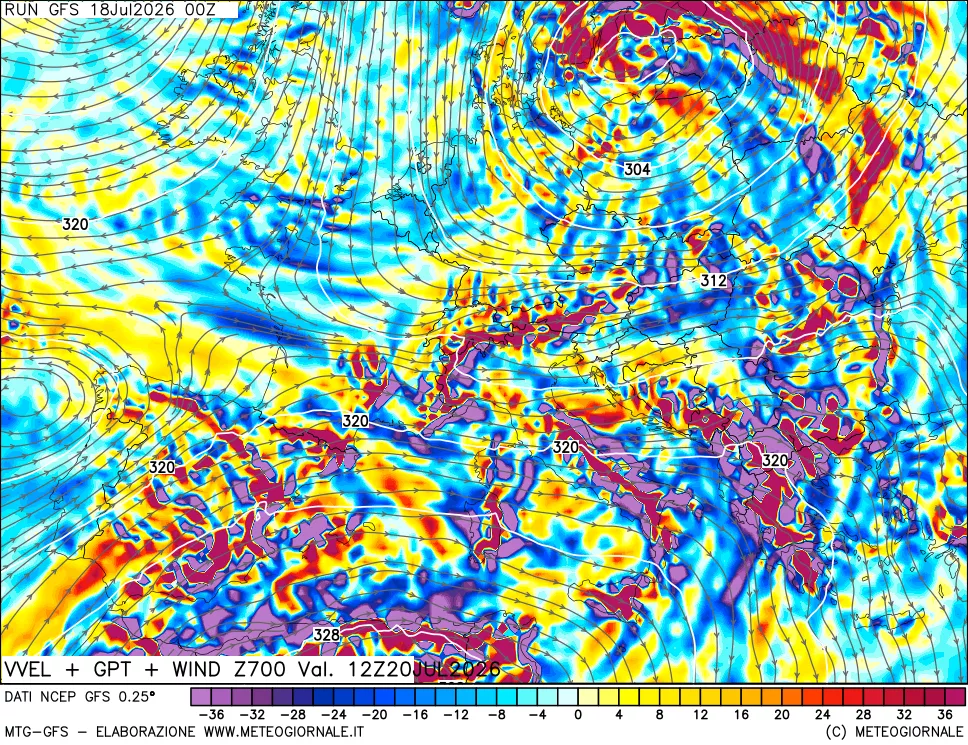 mappa 700 hPa Velocità verticiali + GPT + Vento