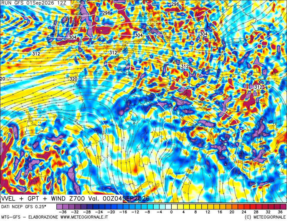 mappa 700 hPa Velocità verticiali + GPT + Vento