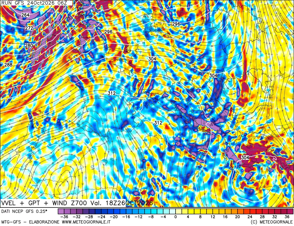 mappa 700 hPa Velocità verticiali + GPT + Vento