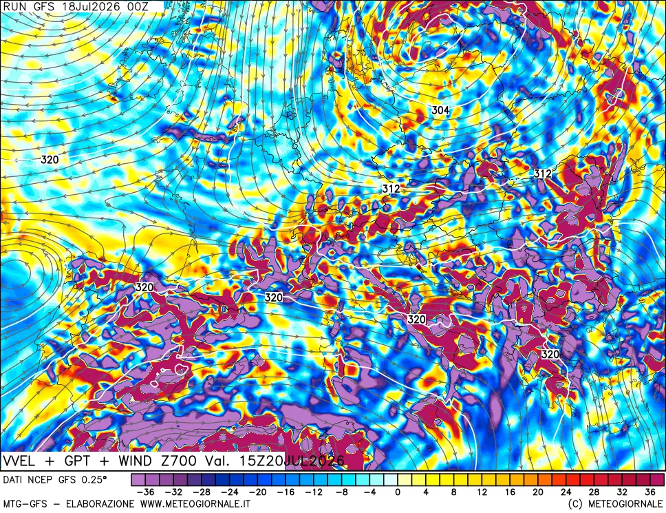 mappa 700 hPa Velocità verticiali + GPT + Vento