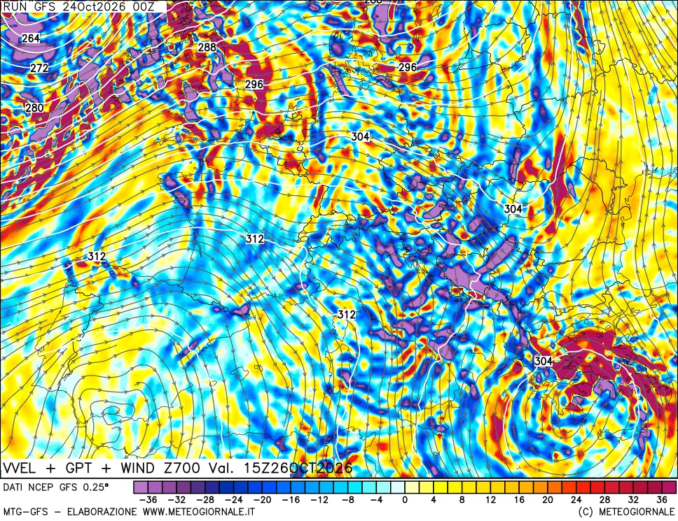 mappa 700 hPa Velocità verticiali + GPT + Vento