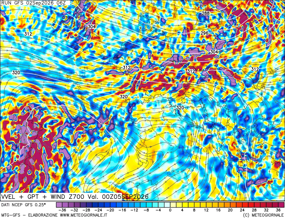 mappa 700 hPa Velocità verticiali + GPT + Vento