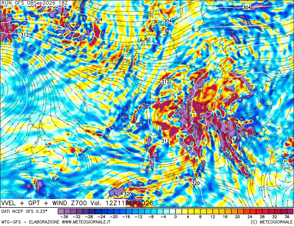mappa 700 hPa Velocità verticiali + GPT + Vento
