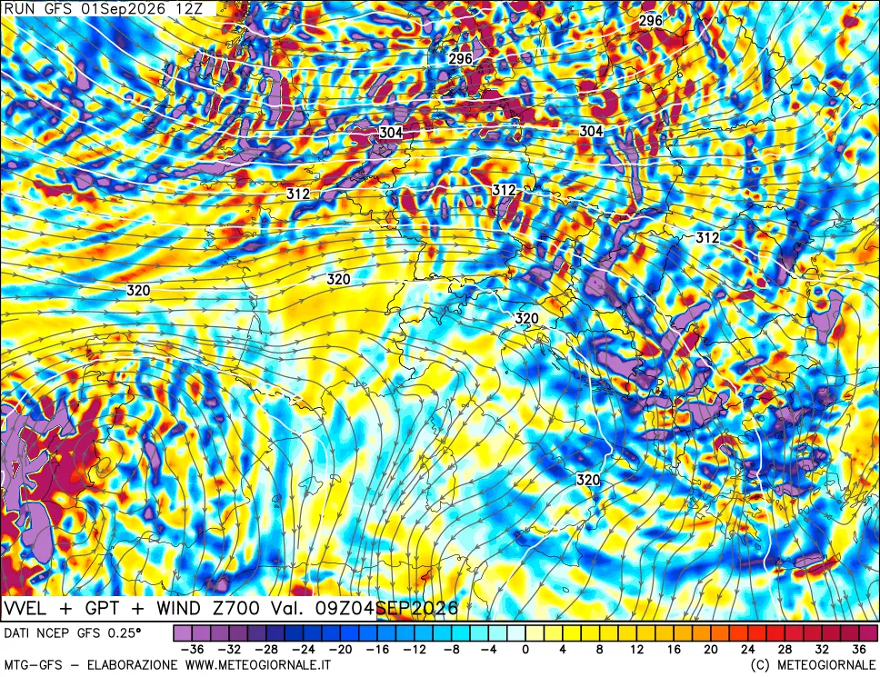 mappa 700 hPa Velocità verticiali + GPT + Vento