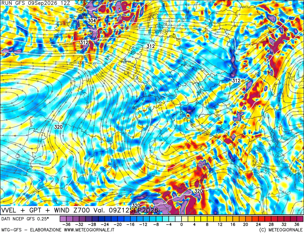 mappa 700 hPa Velocità verticiali + GPT + Vento