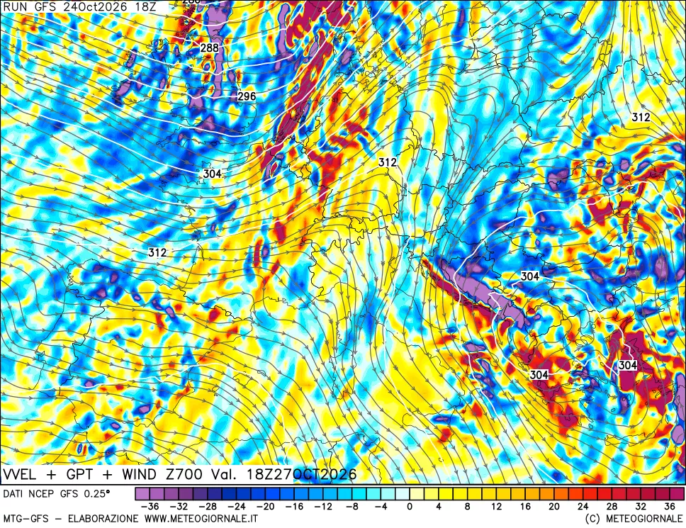 mappa 700 hPa Velocità verticiali + GPT + Vento
