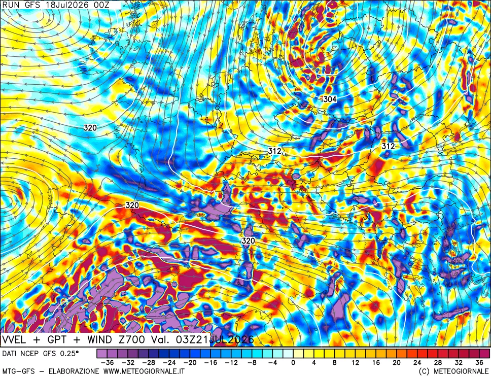 mappa 700 hPa Velocità verticiali + GPT + Vento