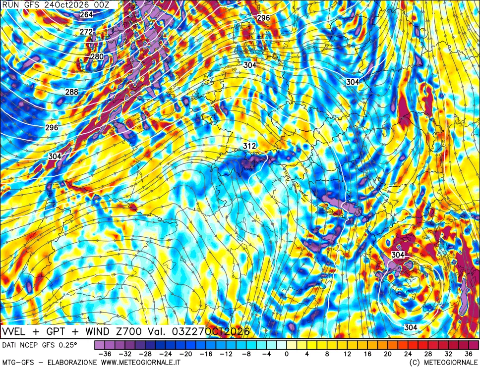 mappa 700 hPa Velocità verticiali + GPT + Vento
