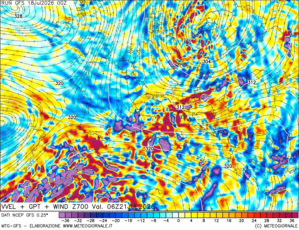 mappa 700 hPa Velocità verticiali + GPT + Vento