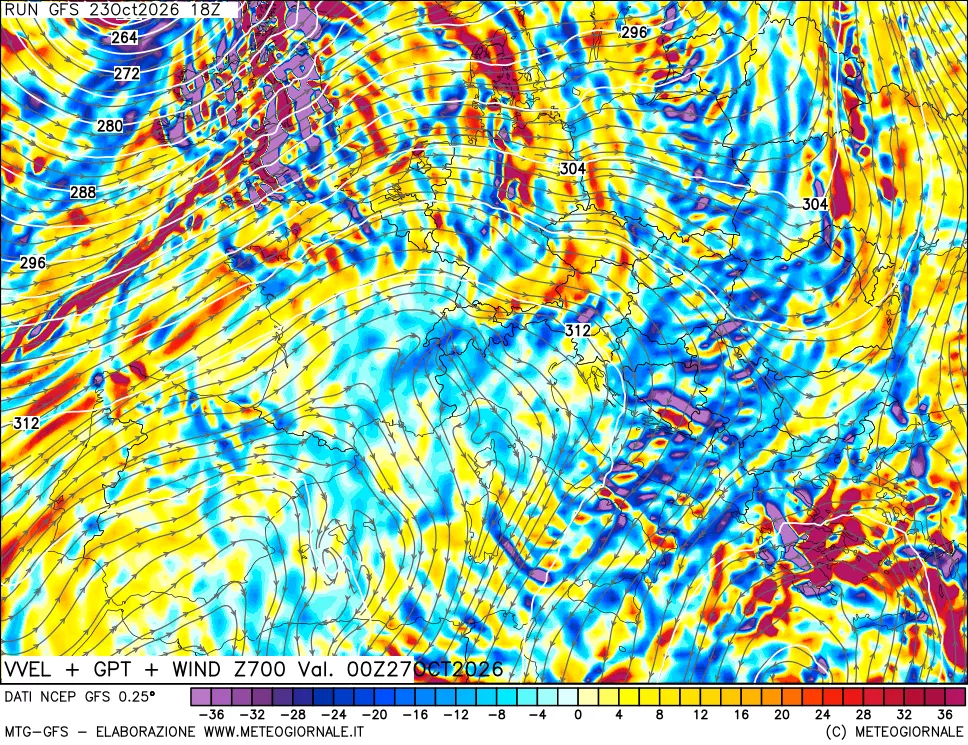 mappa 700 hPa Velocità verticiali + GPT + Vento