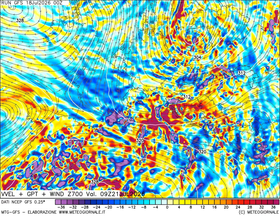 mappa 700 hPa Velocità verticiali + GPT + Vento