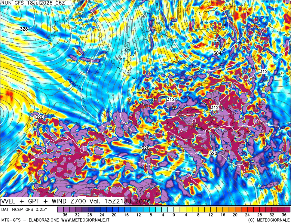 mappa 700 hPa Velocità verticiali + GPT + Vento