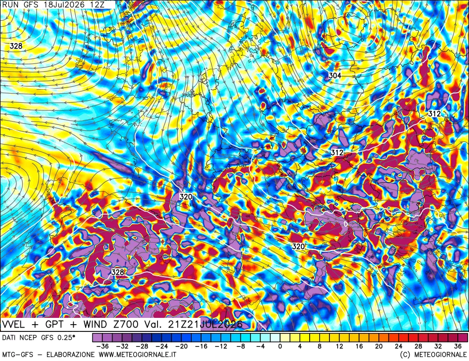 mappa 700 hPa Velocità verticiali + GPT + Vento