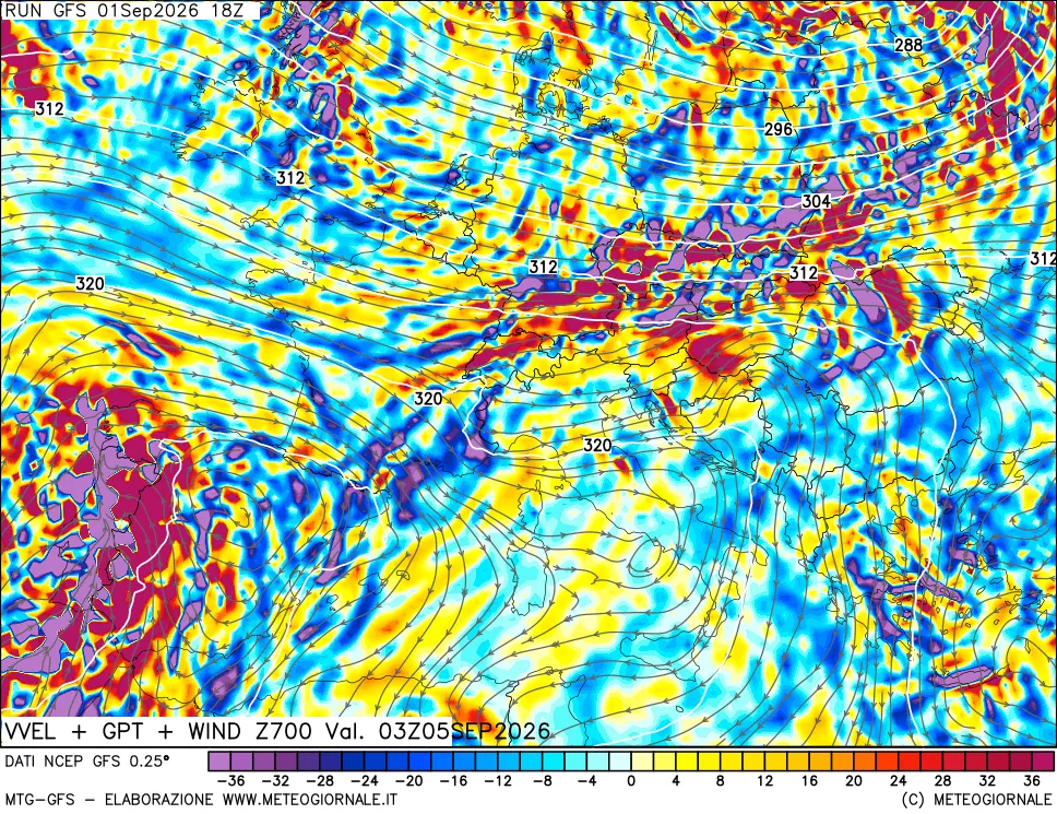 mappa 700 hPa Velocità verticiali + GPT + Vento