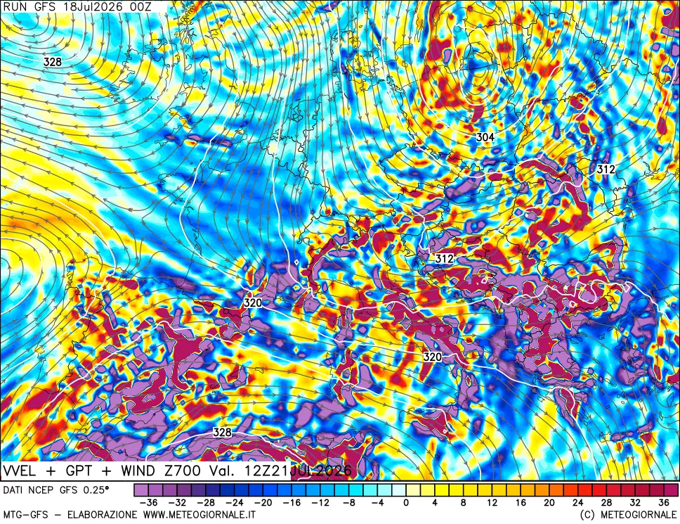 mappa 700 hPa Velocità verticiali + GPT + Vento