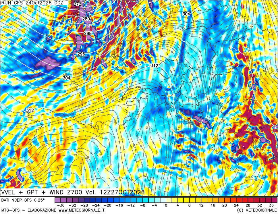 mappa 700 hPa Velocità verticiali + GPT + Vento