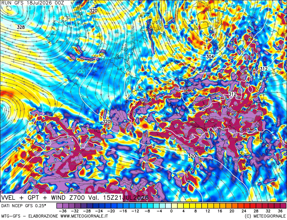 mappa 700 hPa Velocità verticiali + GPT + Vento