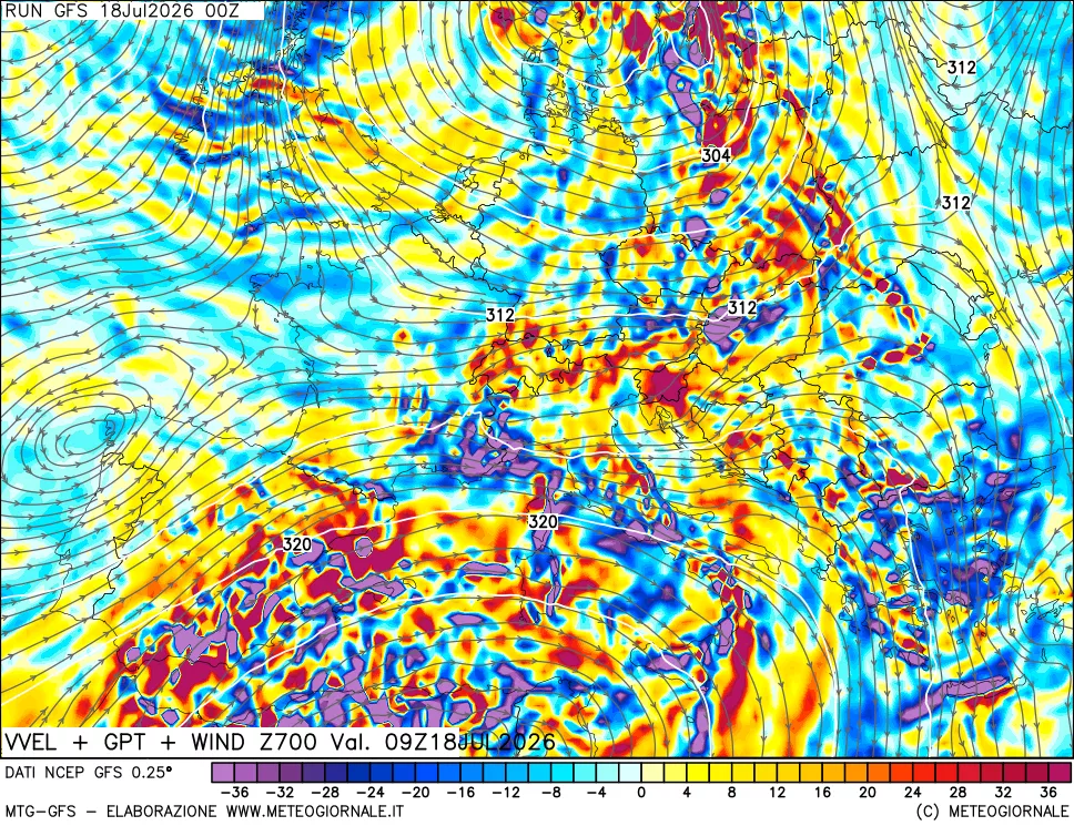 mappa 700 hPa Velocità verticiali + GPT + Vento