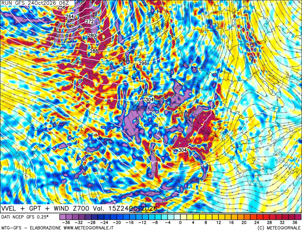 mappa 700 hPa Velocità verticiali + GPT + Vento
