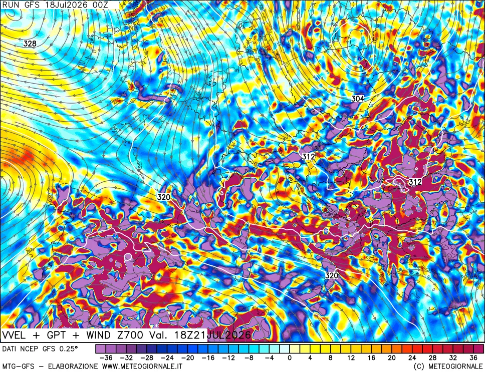 mappa 700 hPa Velocità verticiali + GPT + Vento