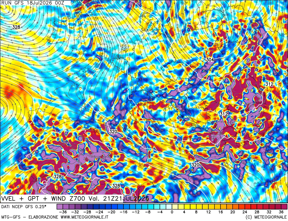 mappa 700 hPa Velocità verticiali + GPT + Vento