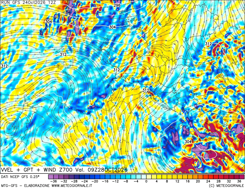 mappa 700 hPa Velocità verticiali + GPT + Vento