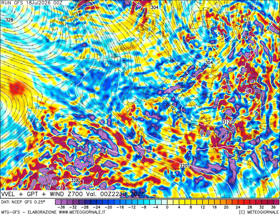 mappa 700 hPa Velocità verticiali + GPT + Vento