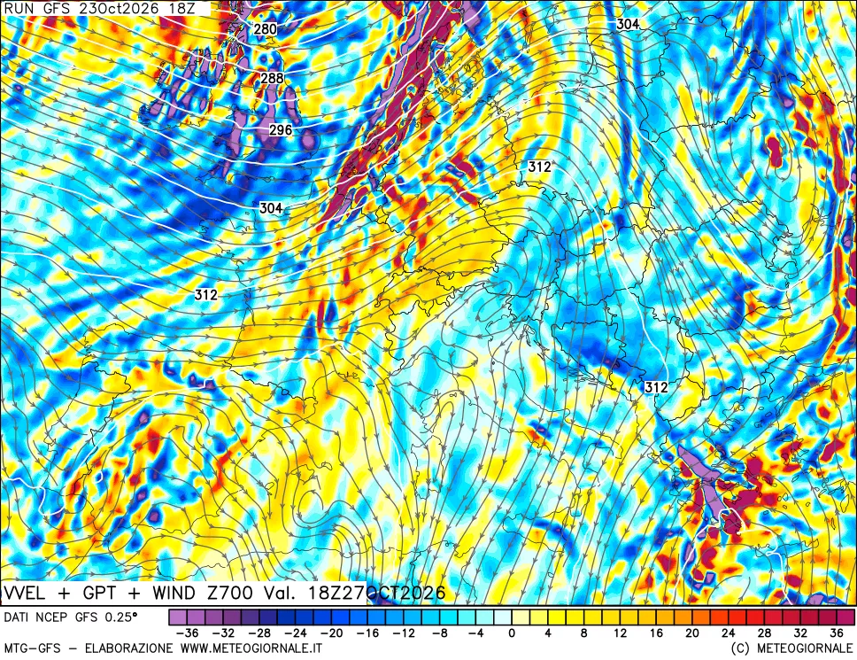 mappa 700 hPa Velocità verticiali + GPT + Vento