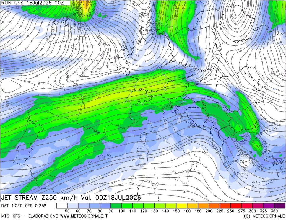 mappa 250 hPa Jet stream
