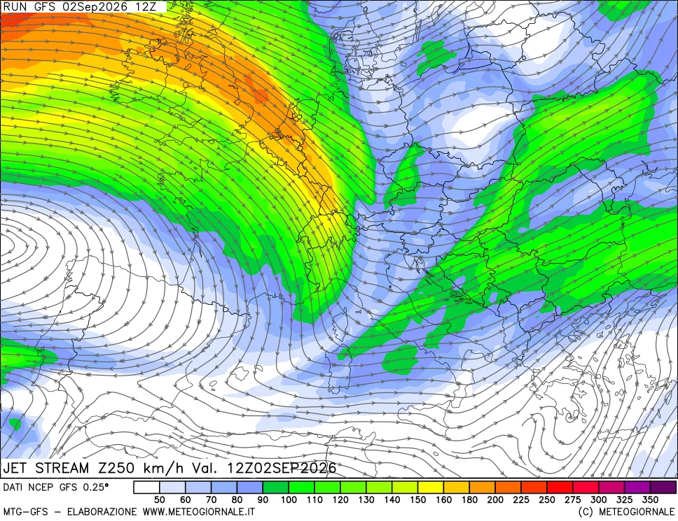 mappa 250 hPa Jet stream