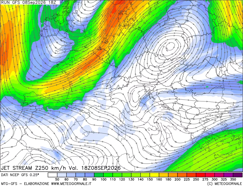 mappa 250 hPa Jet stream