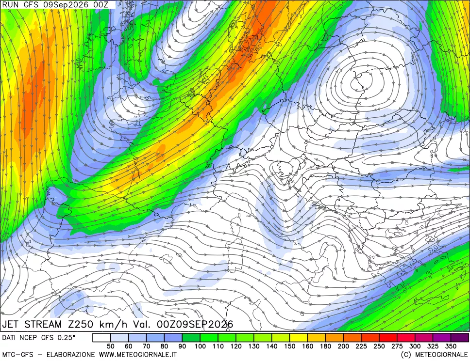 mappa 250 hPa Jet stream