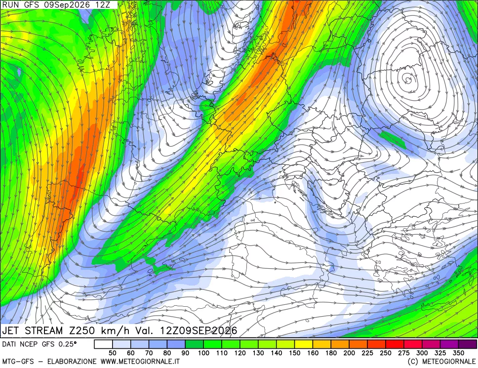 mappa 250 hPa Jet stream