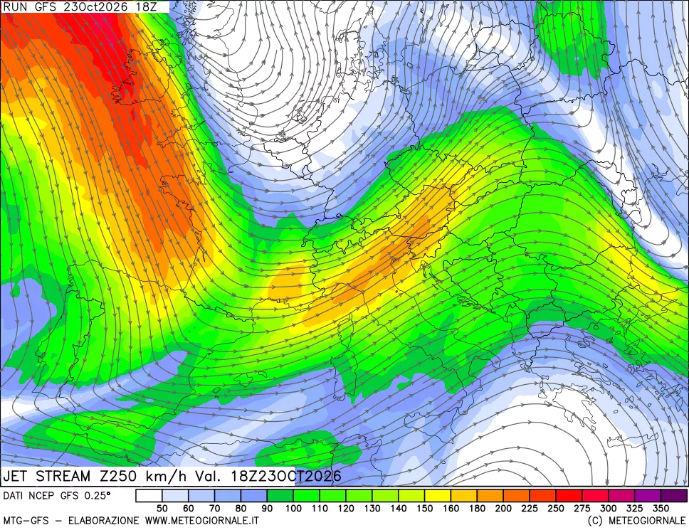 mappa 250 hPa Jet stream