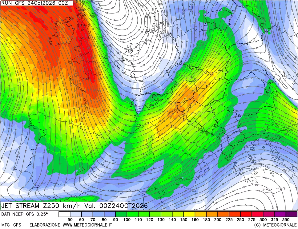 mappa 250 hPa Jet stream