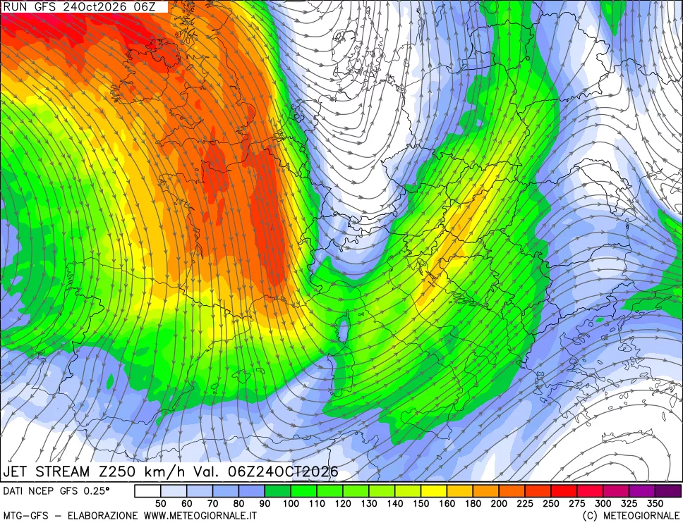 mappa 250 hPa Jet stream