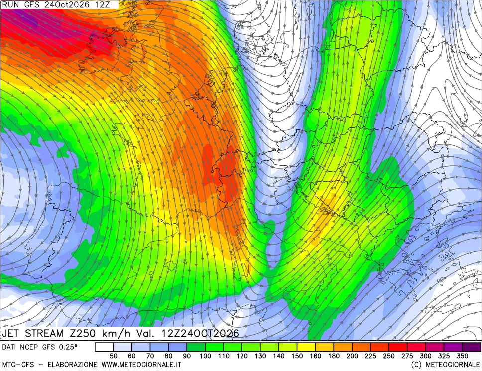 mappa 250 hPa Jet stream