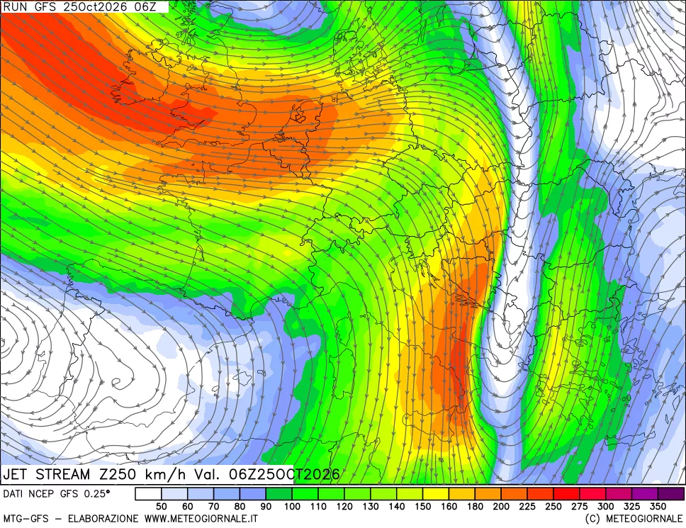 mappa 250 hPa Jet stream