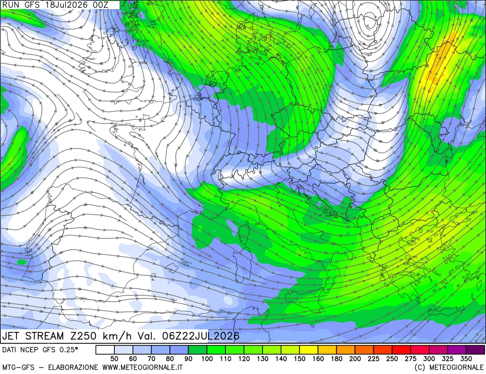 mappa 250 hPa Jet stream