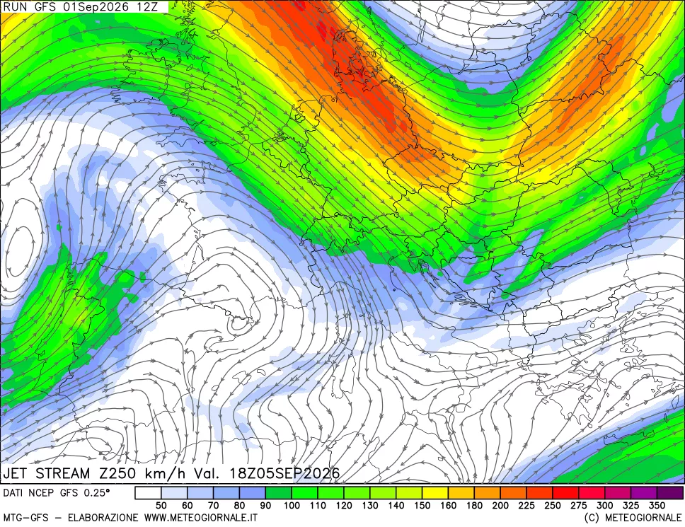 mappa 250 hPa Jet stream