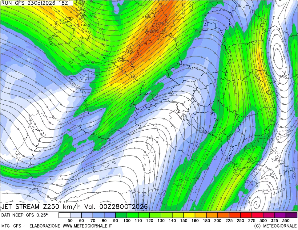 mappa 250 hPa Jet stream