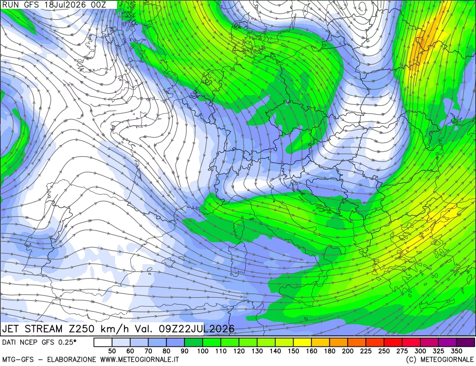 mappa 250 hPa Jet stream