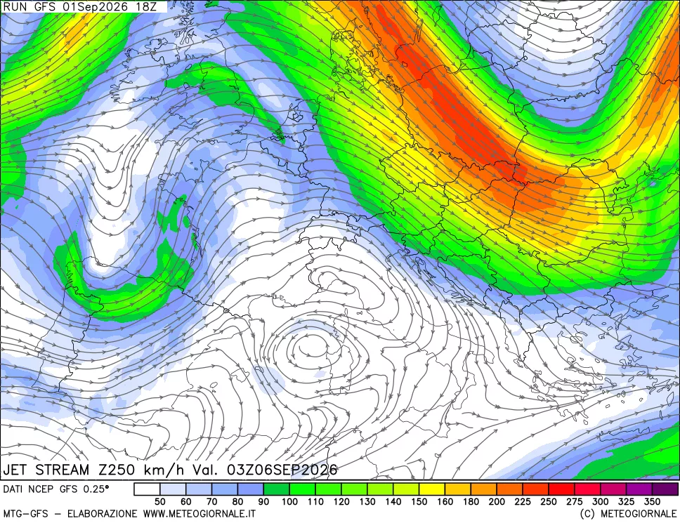 mappa 250 hPa Jet stream