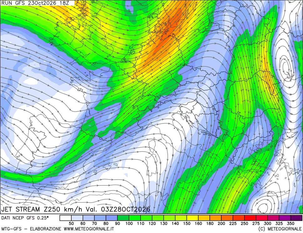 mappa 250 hPa Jet stream