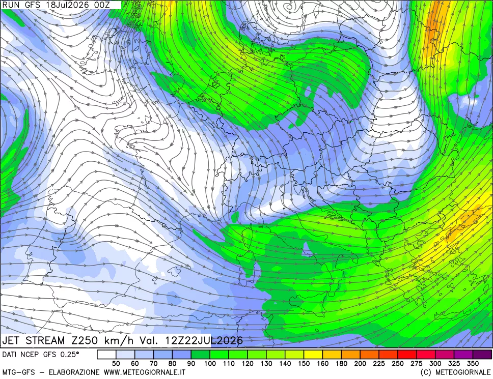 mappa 250 hPa Jet stream